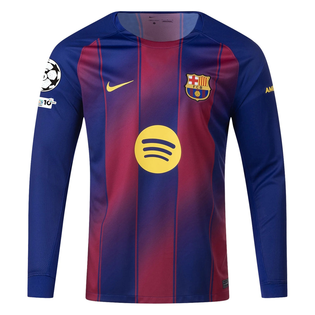 Nike Men's Lamine Yamal Barcelona 25/26 Long Sleeve Home Jersey w/ Champions League Patches (Deep Royal Blue/Midwest Gold)