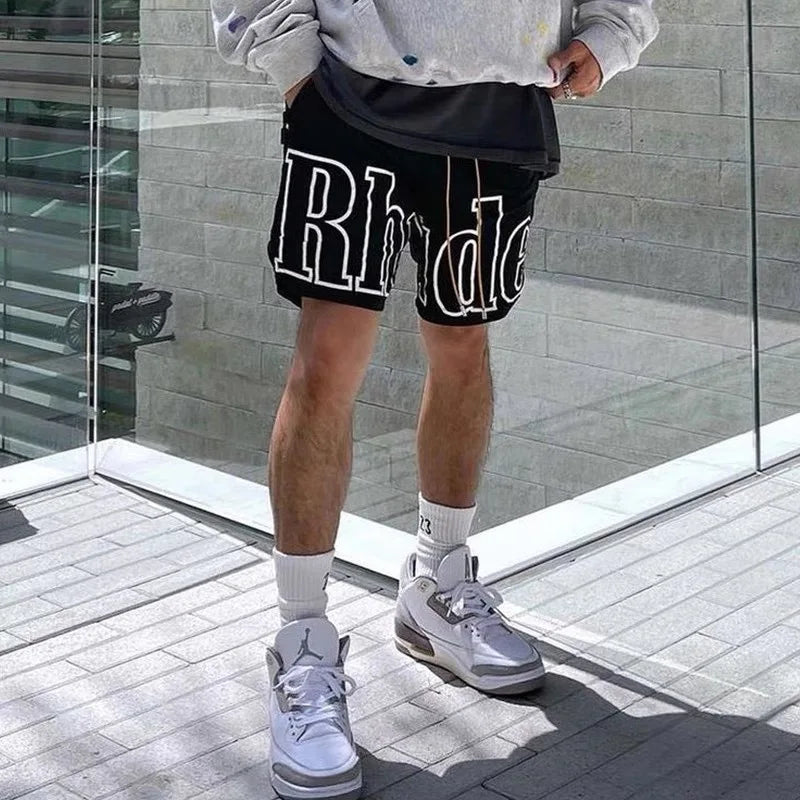 High street fashion RHUDE letter printed hip-hop casual pants beach pants men's five quarter shorts